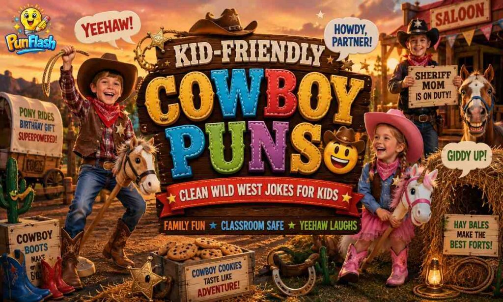 Kid-friendly cowboy puns featured image with funny western jokes for kids and family fun
