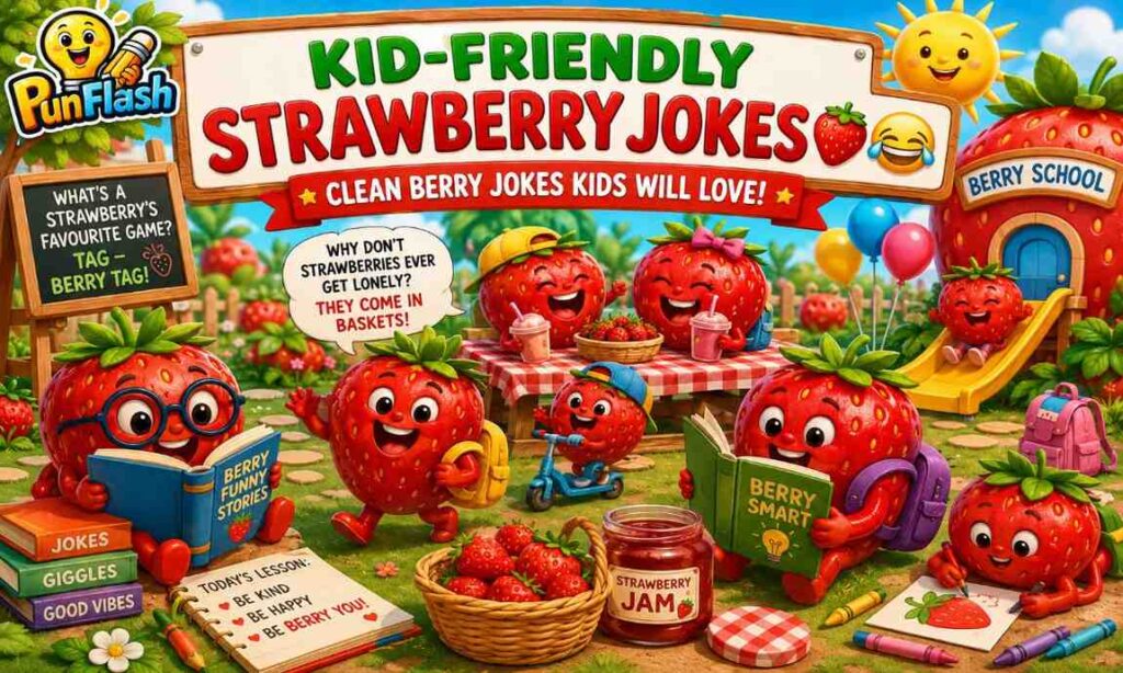 Kid-friendly strawberry jokes image with cute cartoon strawberries at school, playground activities, smoothies, and funny berry humor for children