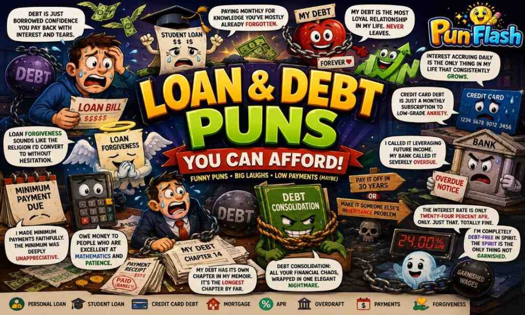 Funny Loan and Debt Puns with cartoon debt characters and financial jokes.