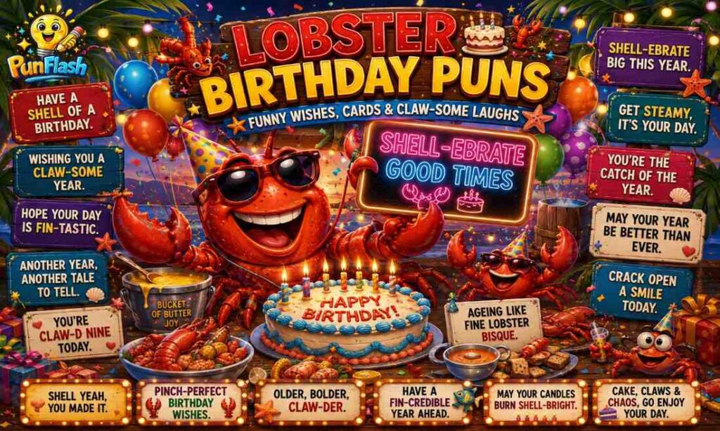 Funny lobster birthday puns image featuring cartoon lobster with birthday cake, balloons, party decorations, seafood humor, and colorful celebration vibes.