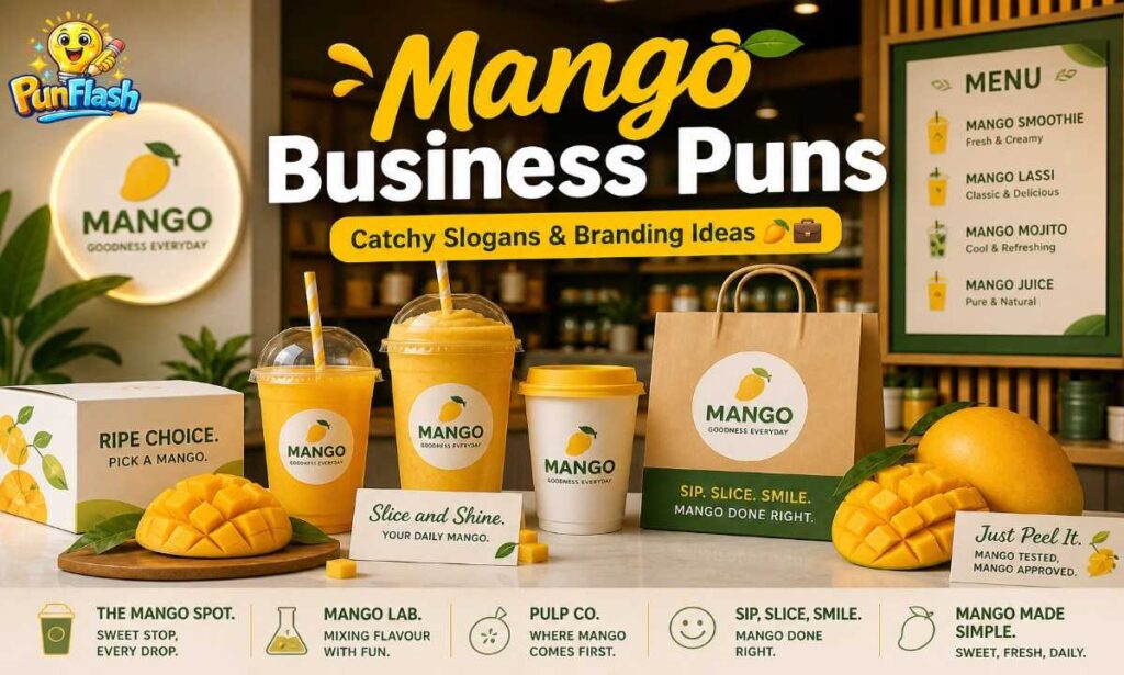 mango business puns image with branding mockup juice shop packaging and slogan ideas