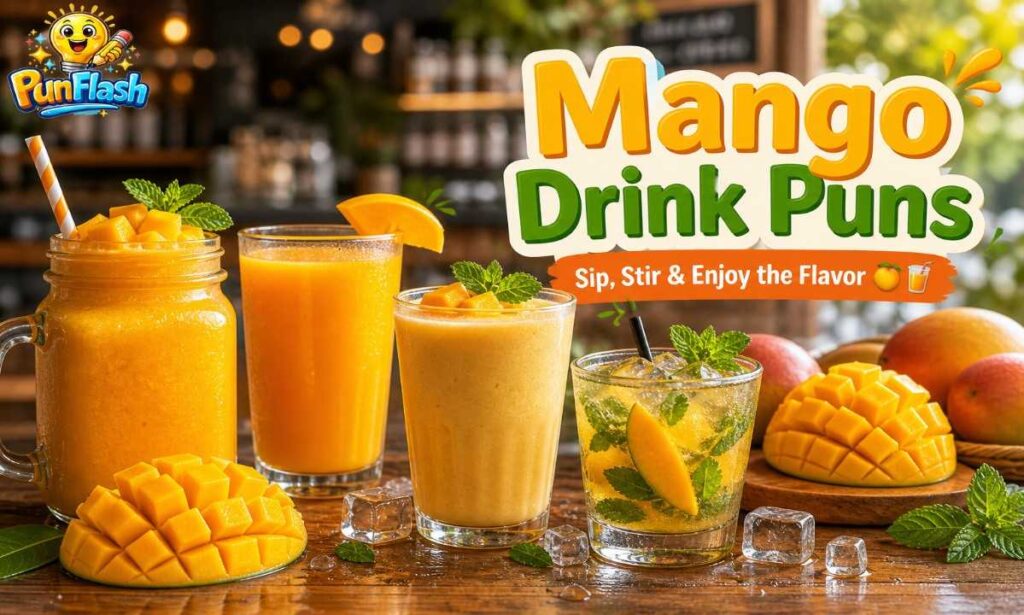 mango drink puns image with smoothie juice lassi mojito and refreshing fruit beverages