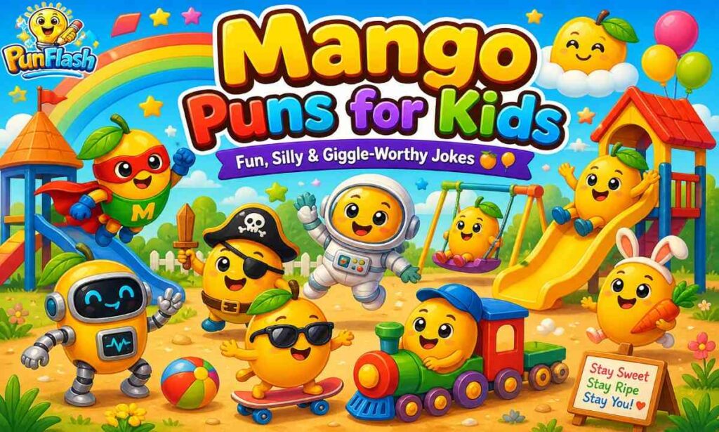 mango puns for kids illustration with cute cartoon mango characters fun and silly jokes