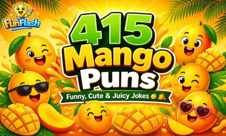 400+ mango puns illustration with cute mango characters, funny fruit jokes, and tropical caption ideas