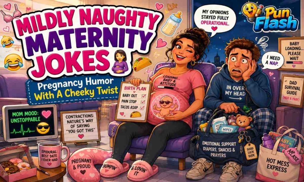 Mildly naughty maternity jokes image showing a pregnant woman laughing in a hospital with funny pregnancy humor and delivery room comedy