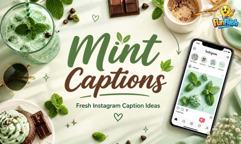 mint captions for instagram with aesthetic mint leaves drinks and lifestyle flat lay for social media posts