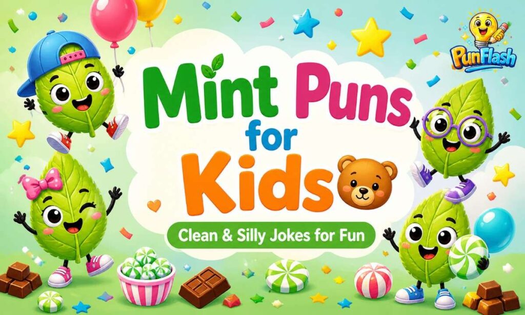 mint puns for kids with cute mint cartoon characters and fun clean jokes for children and school activities