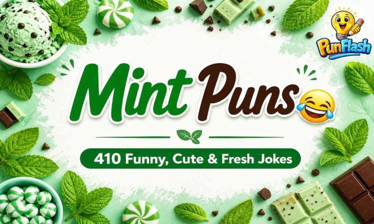 Funny mint puns collection with peppermint, mint chocolate, and fresh mint leaves illustration for captions and jokes