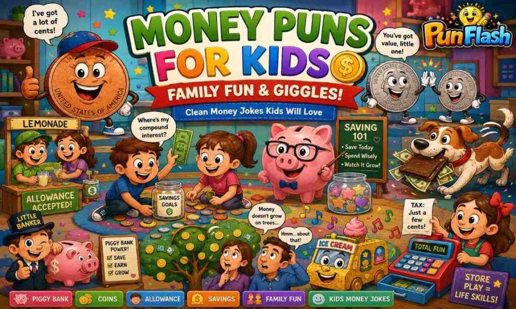 Money Puns for Kids featuring cartoon coins, piggy bank, and fun family jokes.