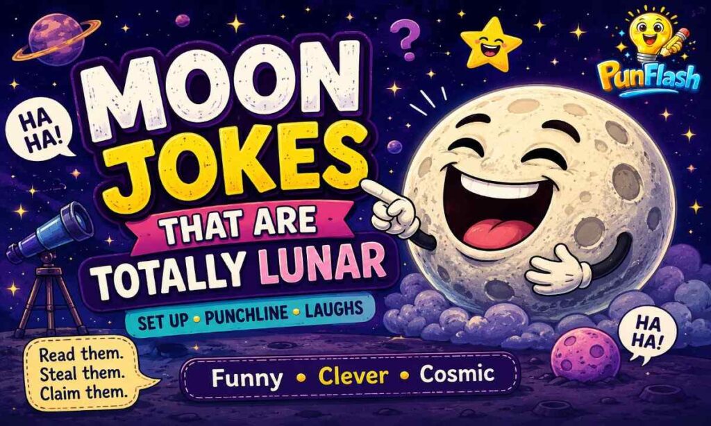 funny moon jokes and lunar puns collection with laughing moon