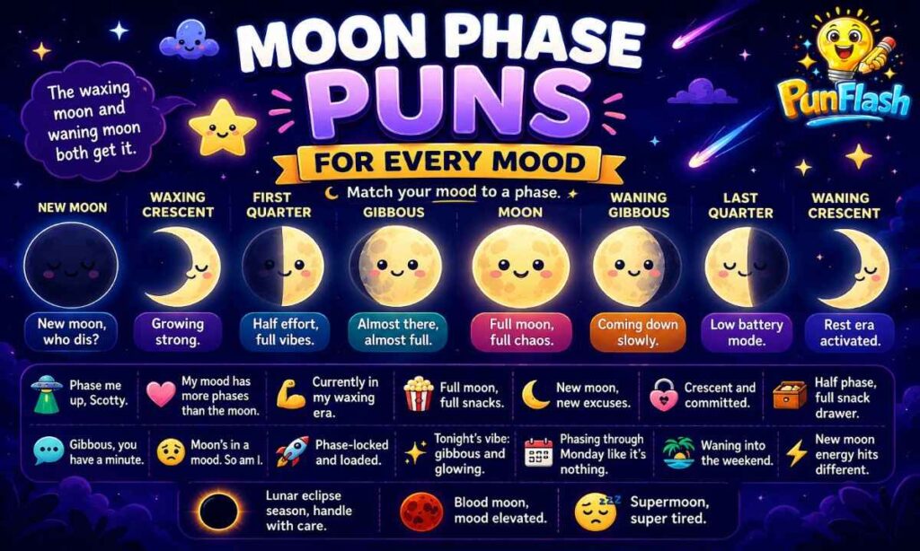 moon phase puns infographic with lunar phases funny moon jokes