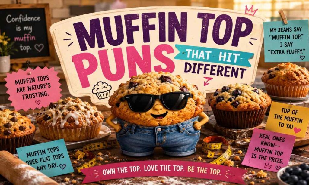 Funny muffin top puns image with cartoon muffins wearing jeans and sunglasses in a cozy bakery scene