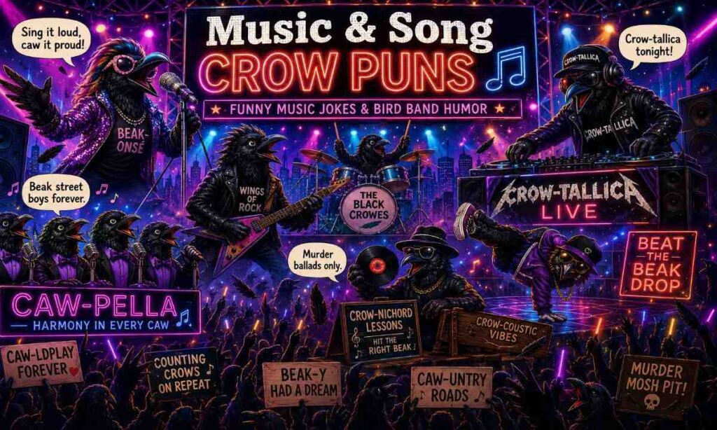 Funny black crows performing music on a neon concert stage for a music and song crow puns blog section with bird band humor.