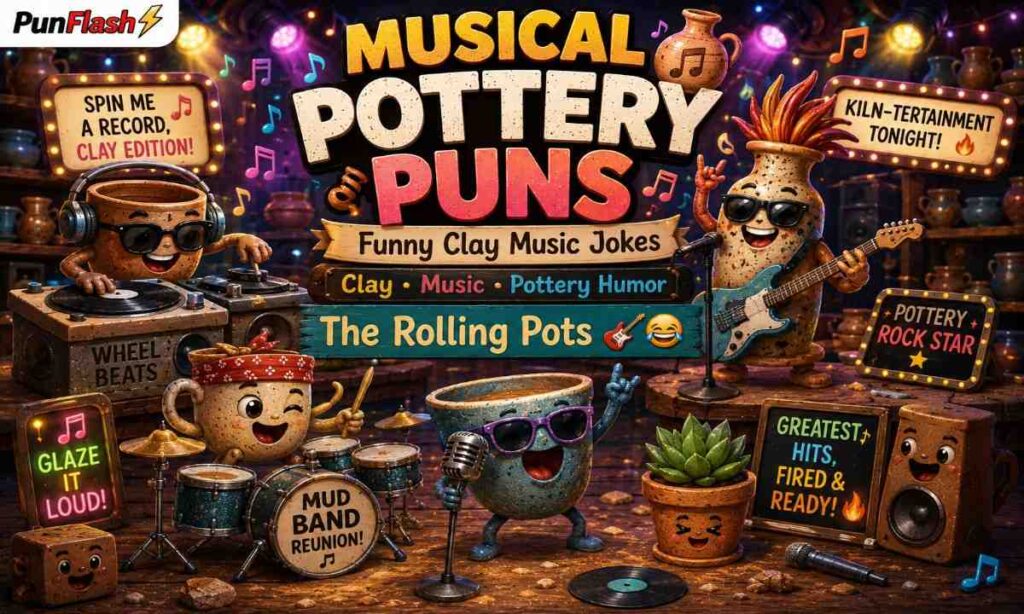 Funny musical pottery puns illustration with clay music humor pottery rock band ceramic instruments and pottery jokes