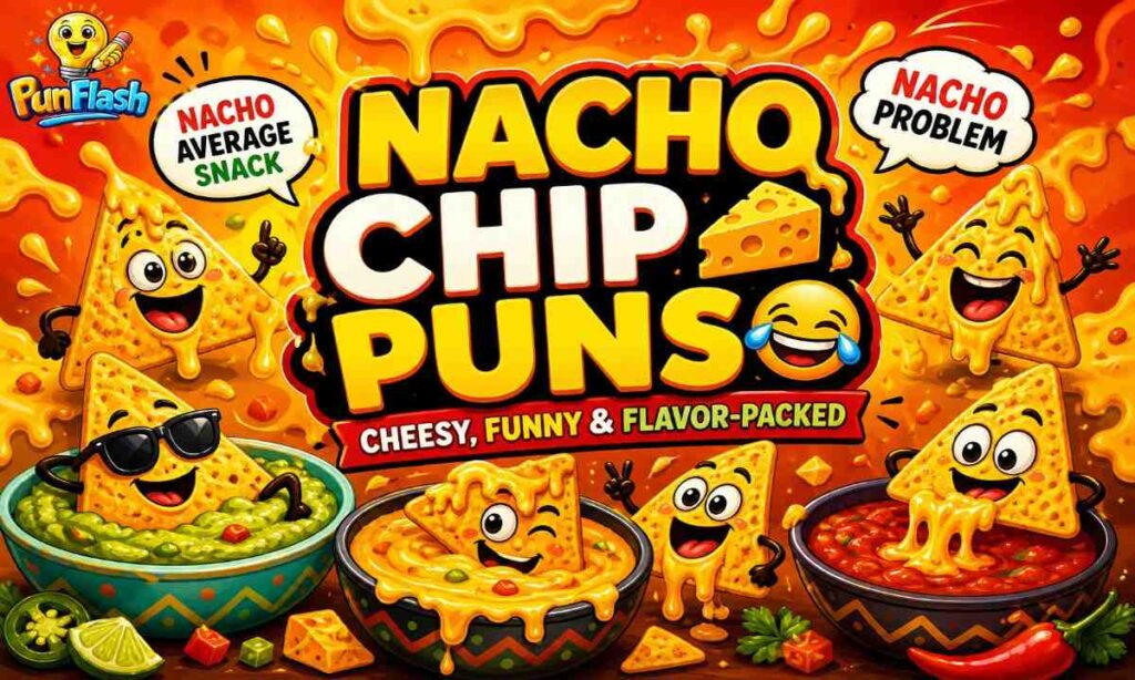 Nacho chip puns illustration with cheesy tortilla chips and funny snack captions with queso dip and salsa