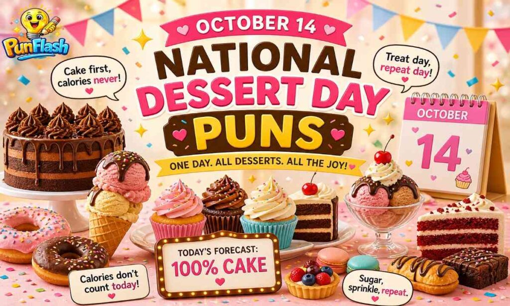 national dessert day puns with cakes, cupcakes, and sweet celebration captions