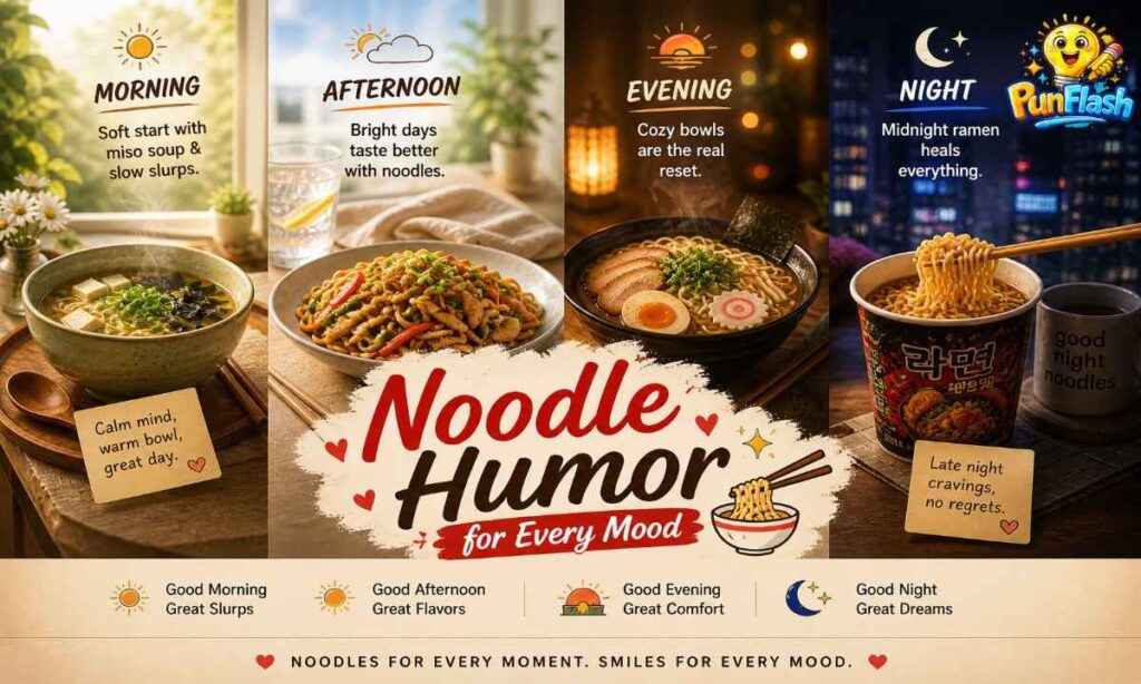 noodle humor for every mood illustration showing ramen and noodles across morning afternoon evening and night lifestyle scenes