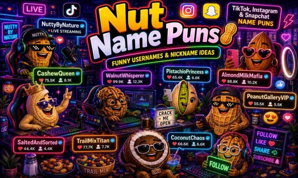 Funny nut username puns cartoon image with peanuts, almonds, and pistachios acting like TikTok influencers in a neon gaming room.