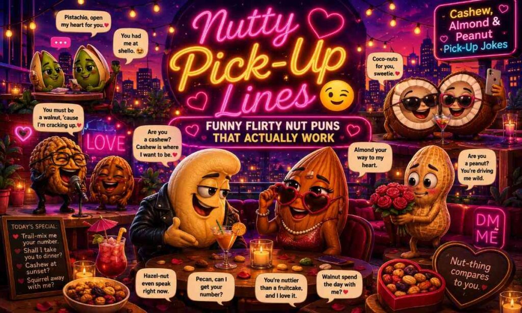 Funny nut pick up lines cartoon image with romantic peanuts, almonds, and cashews flirting inside a neon rooftop dating lounge.