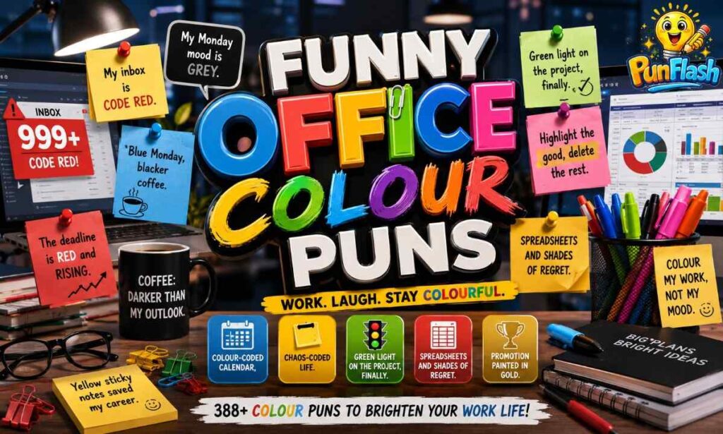 Funny office colour puns featured image with laptops, sticky notes, coffee mugs, colorful office supplies, spreadsheets, and workplace humor design.