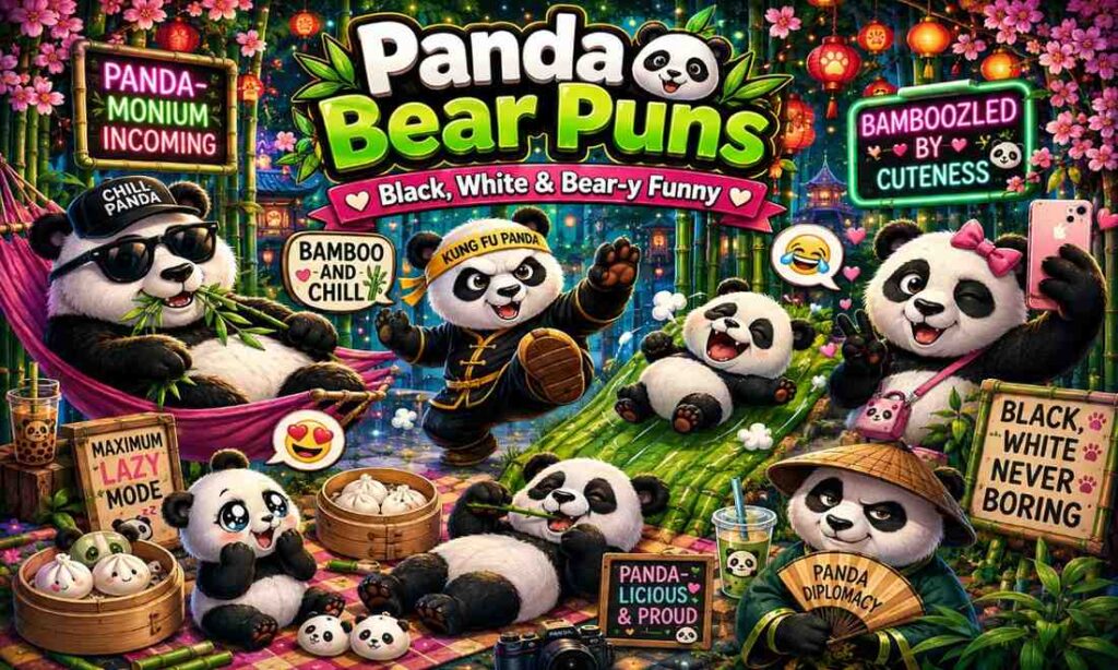 Cute cartoon pandas with funny panda puns in bamboo forest