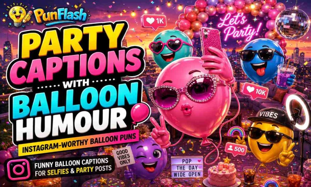 Funny balloon Instagram captions image with stylish party balloons, confetti, and social media humor aesthetics