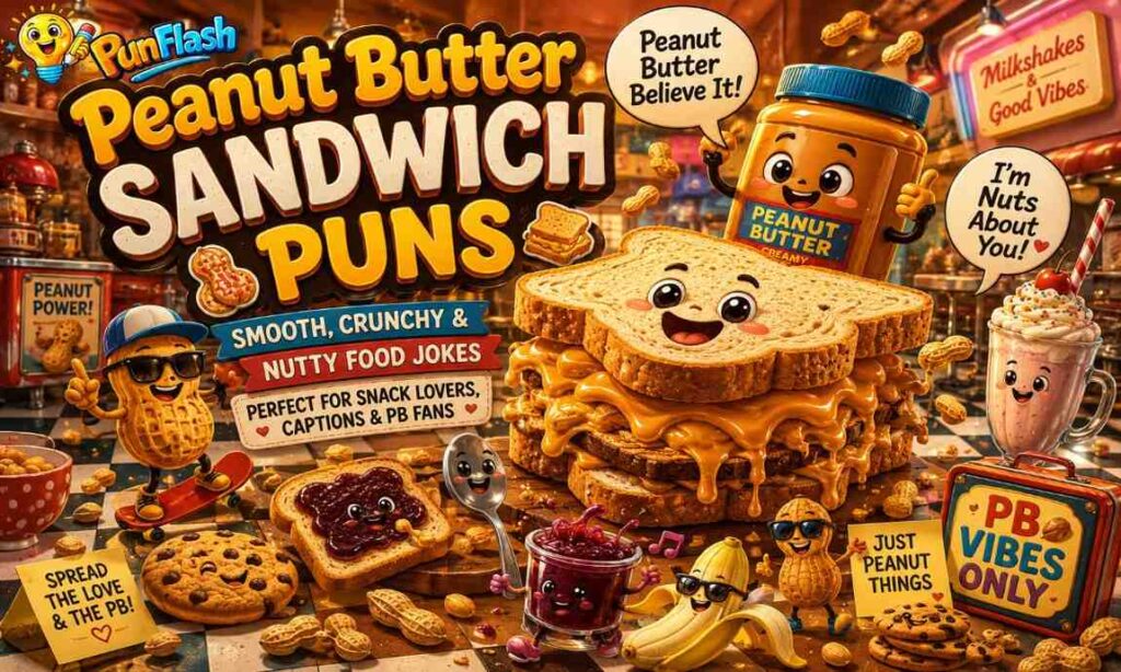 peanut butter sandwich puns with cartoon peanut butter characters and funny food jokes