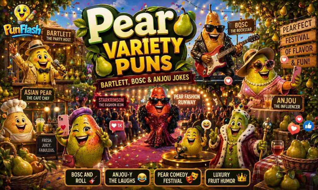 Animated Bartlett, Bosc, and Anjou pears at a stylish fruit festival for a blog about pear variety puns, funny fruit jokes, and orchard humor.