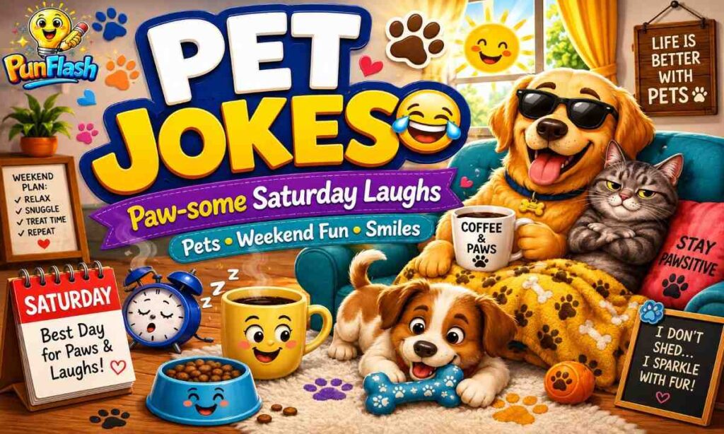 Funny pet jokes cartoon image with dogs cats and cute Saturday weekend humor