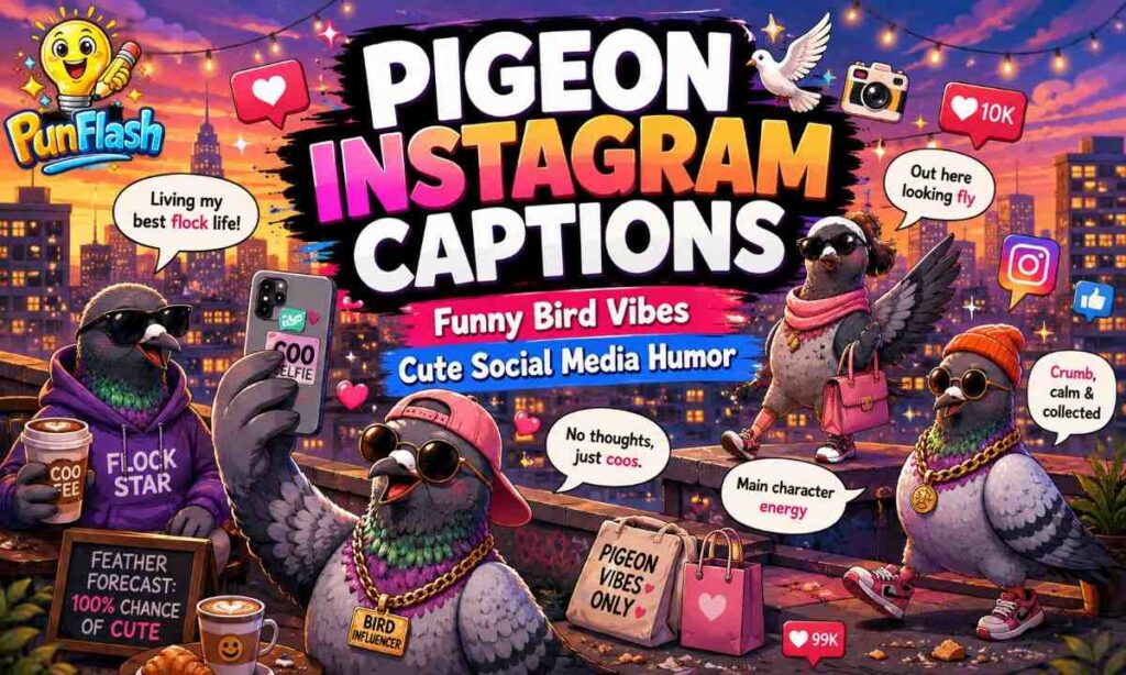 Funny pigeon Instagram captions with cartoon city pigeons and social media humor