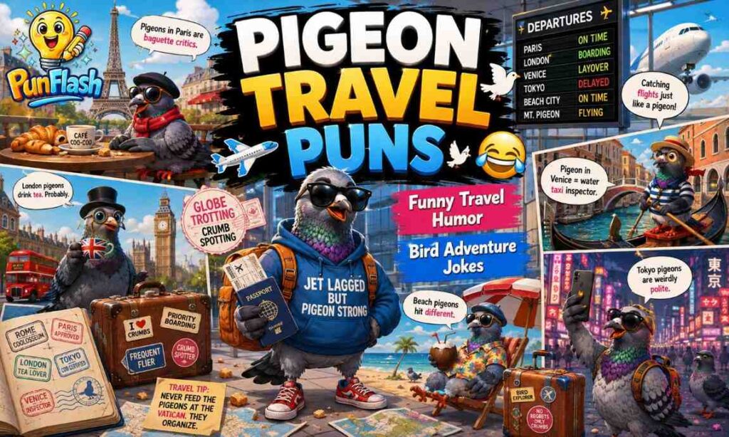 Funny pigeon travel puns with a cartoon traveller pigeon exploring famous world cities