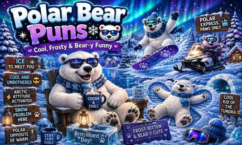 Cute polar bears with funny winter puns in snowy forest