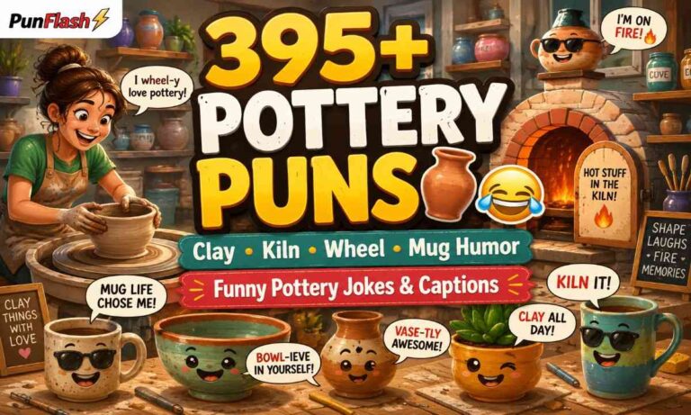 Funny pottery puns illustration with clay pottery wheel kiln ceramic mugs and pottery humor captions