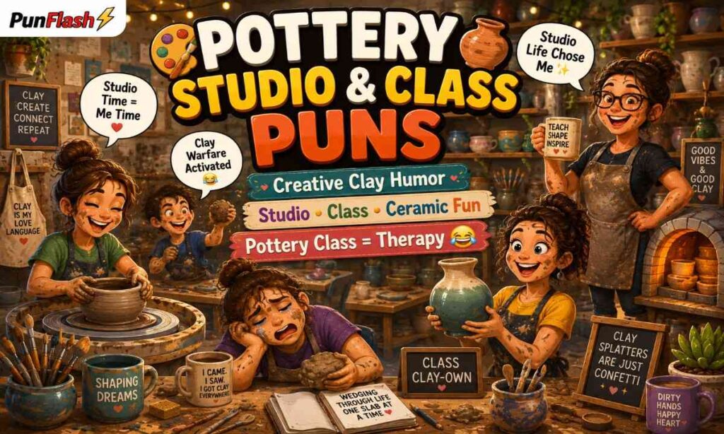Funny pottery studio and class puns illustration with ceramic studio pottery classroom clay art humor and creative pottery jokes