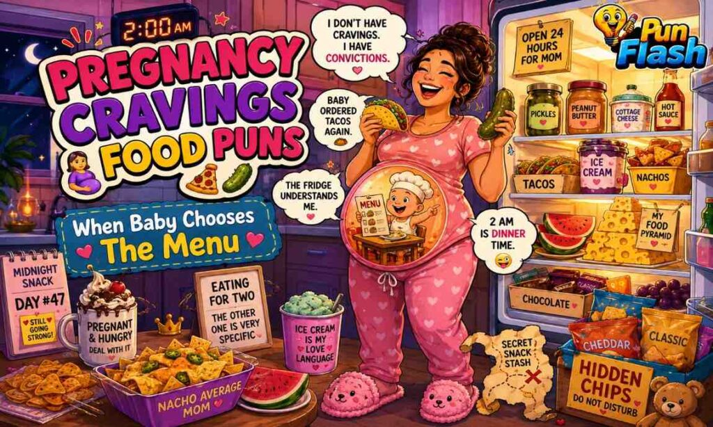 Pregnancy cravings jokes and food puns image showing a pregnant woman enjoying midnight snacks with pickles tacos cheese and funny maternity humor