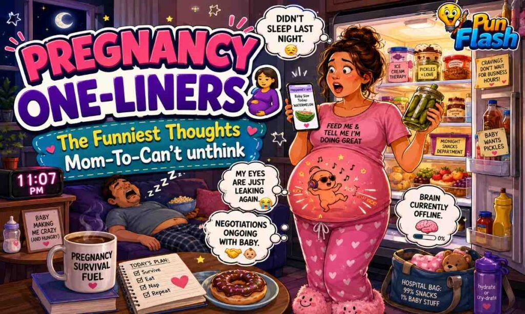 Pregnancy one liners image showing a pregnant woman dealing with cravings sleep struggles baby brain and funny maternity humor