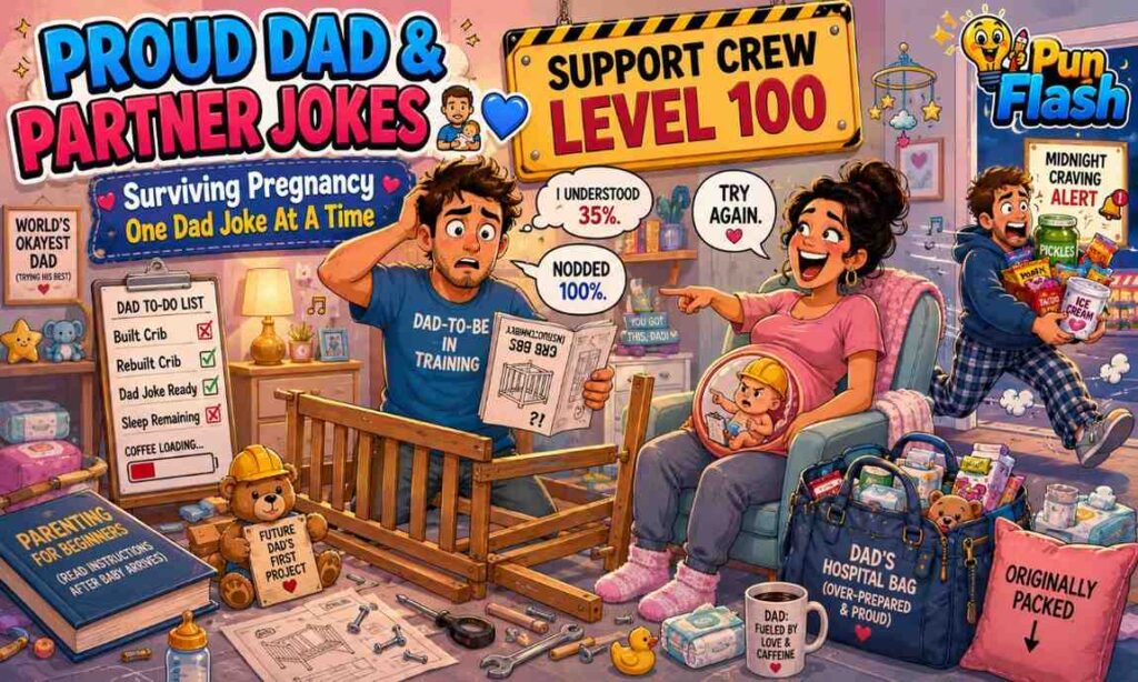 Proud dad and partner pregnancy jokes image showing a dad to be building a crib with funny pregnancy support crew humor
