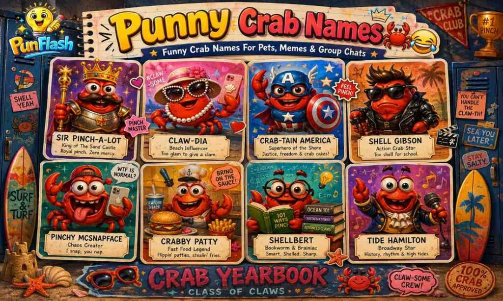 Funny punny crab names image with cute cartoon crabs showing creative crab character names and beach humor