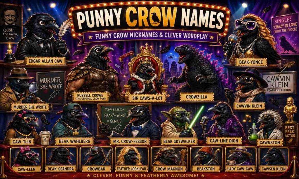 Funny celebrity-style black crows with clever punny names in a colorful parody-themed scene for a crow names and bird humor article.