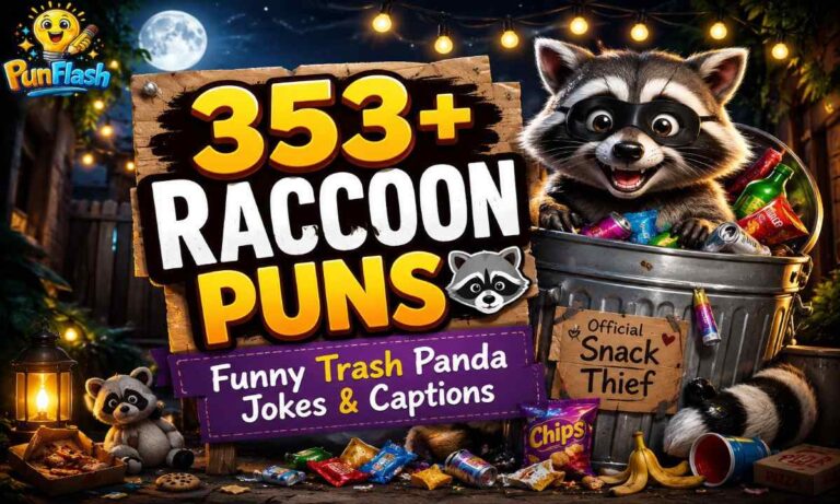 Cute raccoon sitting inside a trash can with funny raccoon puns text and colorful trash panda cartoon style background