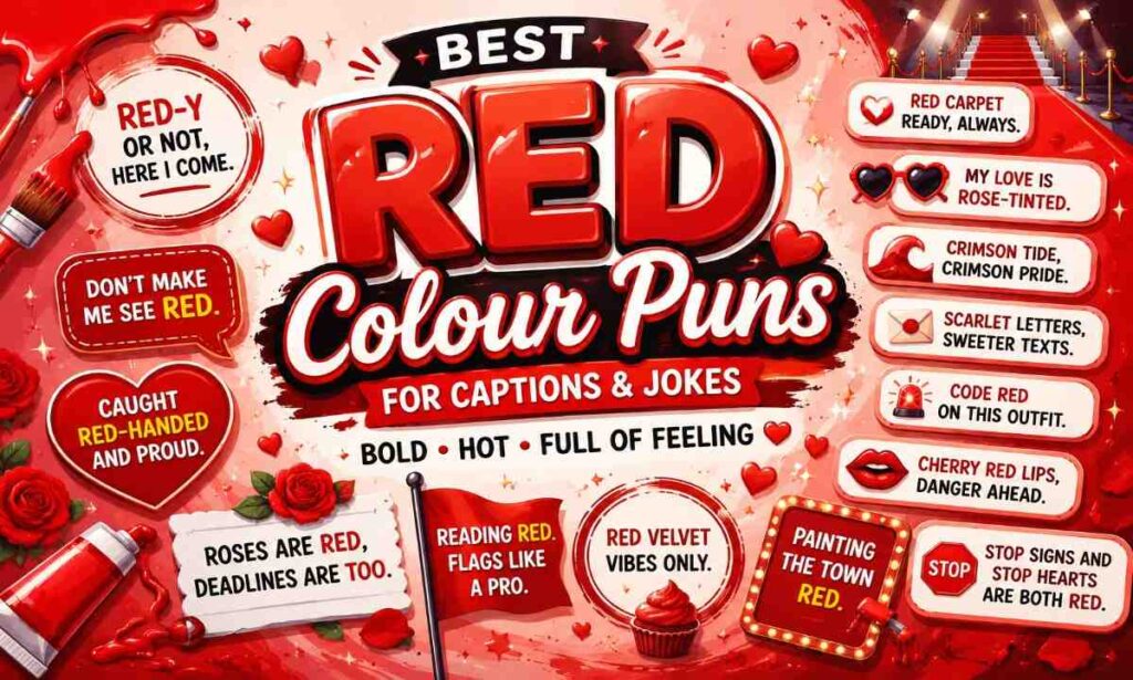 Red colour puns featured image with bold red typography, funny caption quotes, hearts, roses, paint splashes, and aesthetic social media style design.