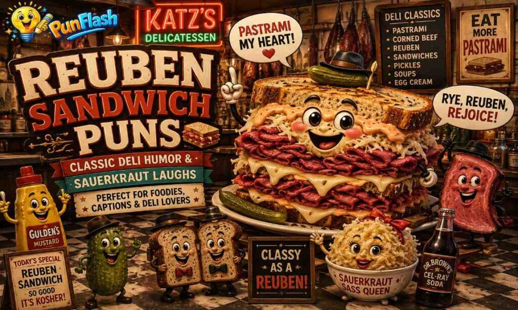 reuben sandwich puns with funny deli sandwich characters and classic food jokes