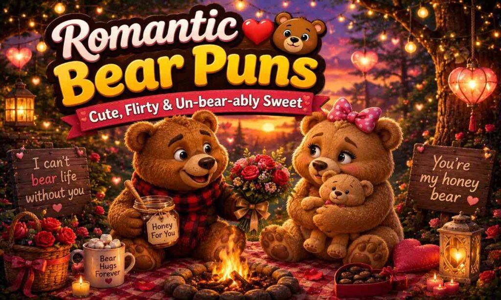 Romantic bear puns image with cute cartoon bear couple hugging in a cozy forest under fairy lights