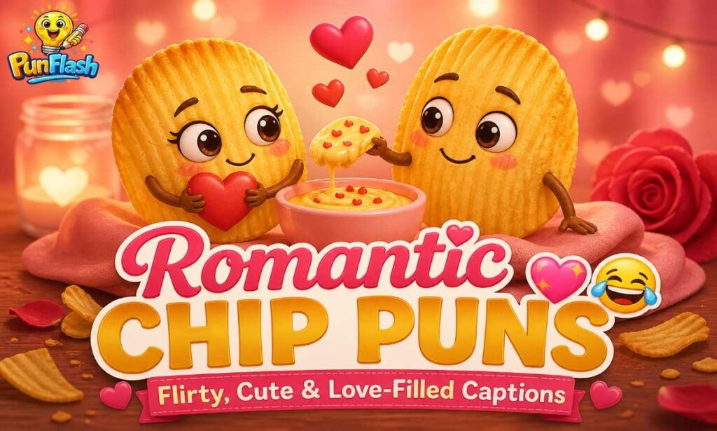 Romantic chip puns illustration with cute potato chip couple and flirty love captions with hearts and dip