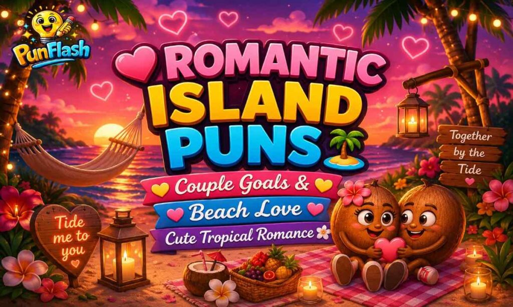 Romantic island puns image with tropical beach sunset couple love