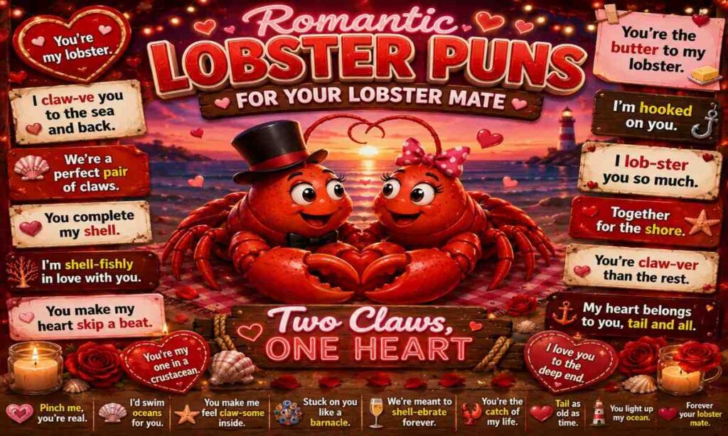 Romantic lobster puns image featuring cute cartoon lobster couple at sunset beach with love quotes, heart-themed seafood jokes, and Valentine-style humor.