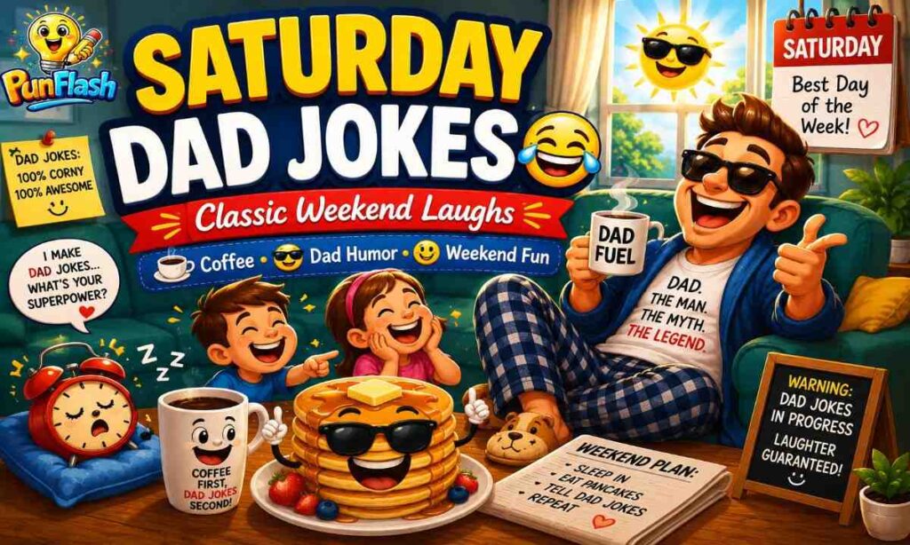 Funny Saturday dad jokes cartoon image with family humor coffee and weekend comedy vibe