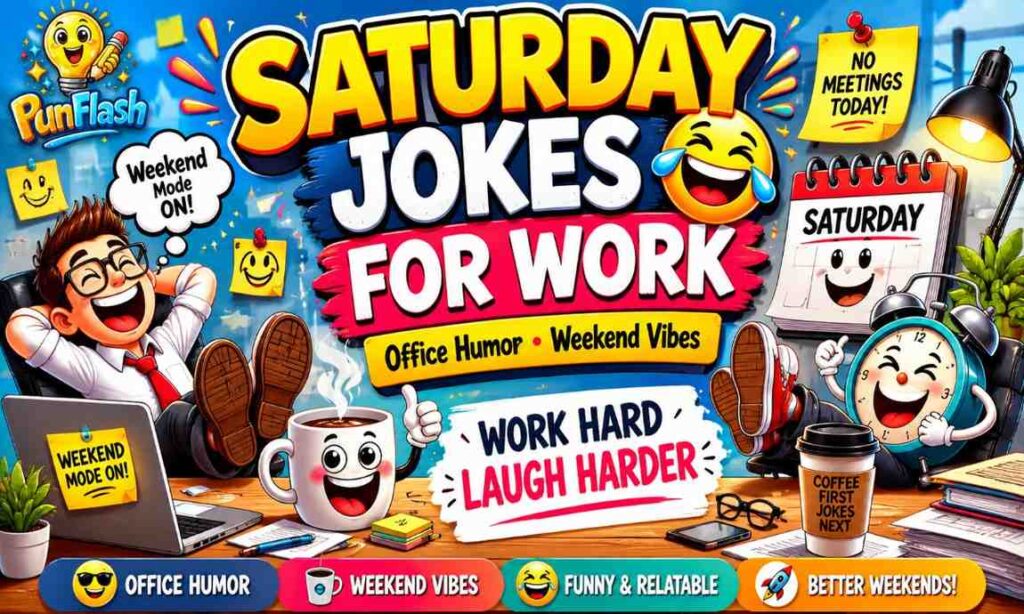 Funny Saturday jokes for work cartoon image with office humor and weekend relaxation vibe