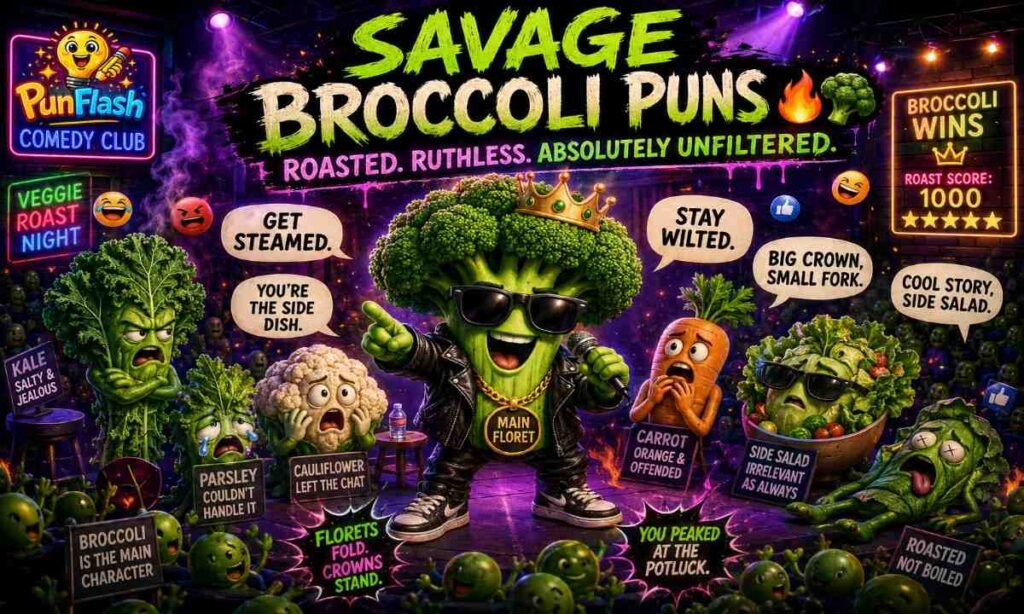 Savage cartoon broccoli roasting other vegetables on a neon comedy stage with funny spicy broccoli puns and meme humor