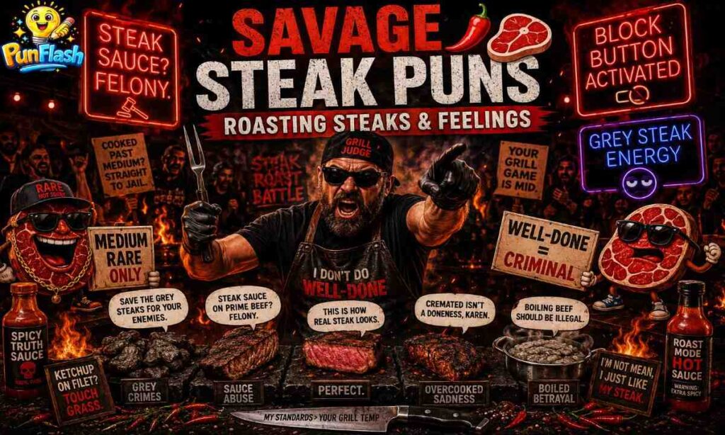 Savage steak puns image featuring fiery BBQ roast battle, spicy steak jokes, cartoon steak characters, and dark meme-style grill humor
